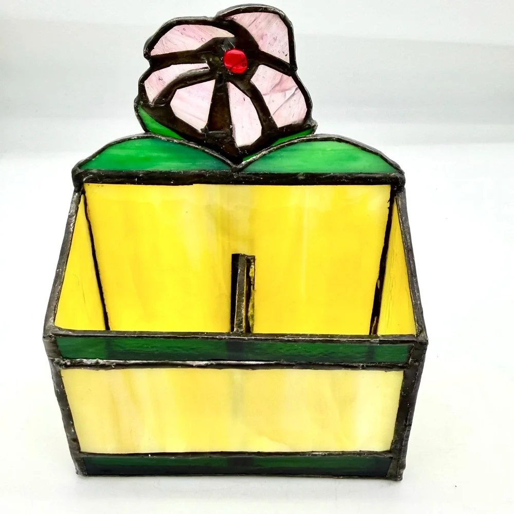Vintage Stained Slag Glass‎ Letter Holder Mail Organizer Flower Opener Yellow